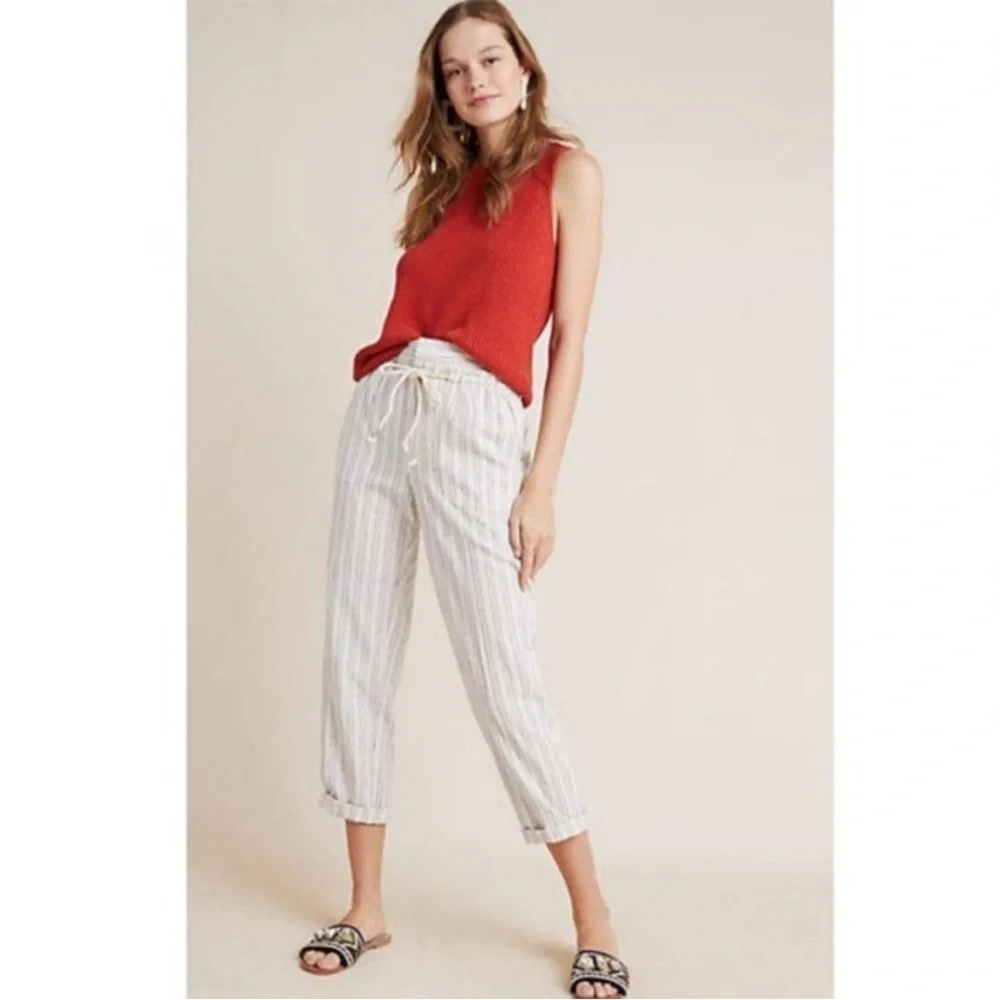 Anthropologie Off White Linen Blend Summer Beachy striped pants size XS